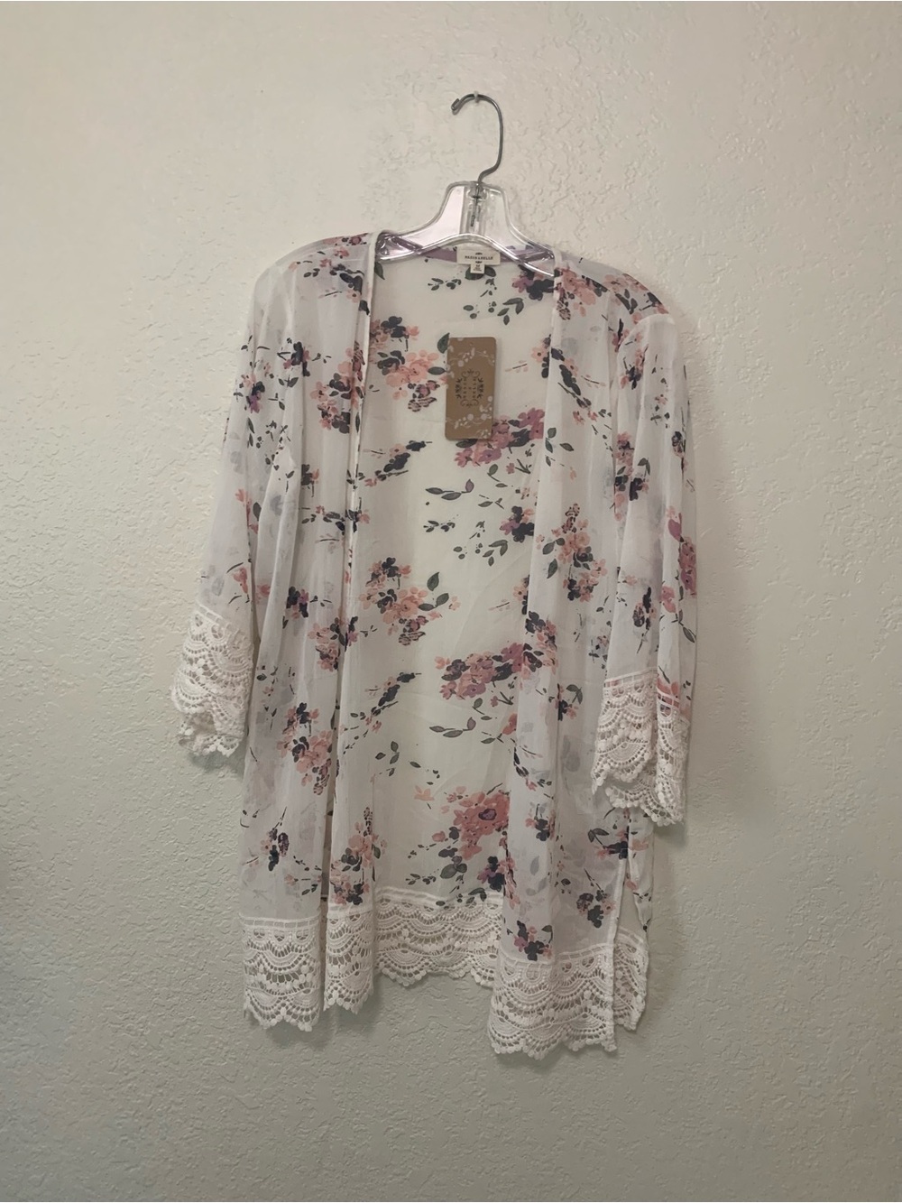 Floral Lace-Trim Sheer Tunic Kimono in White and Pink by